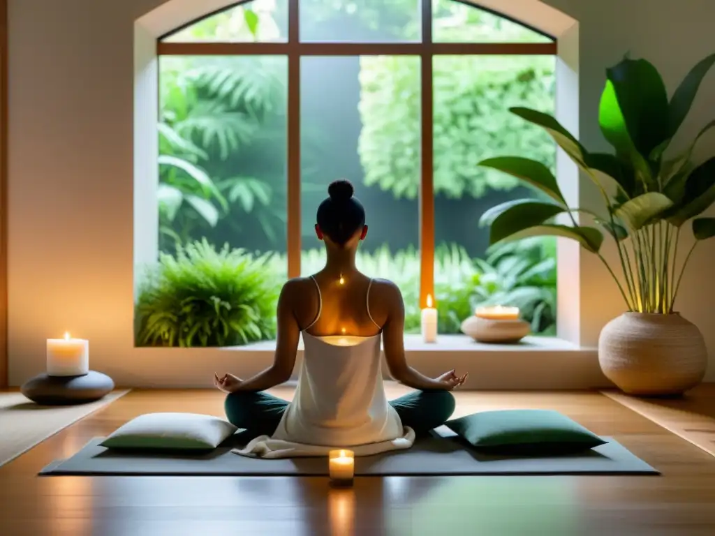 Un espacio de meditación moderno y sereno con vista a un jardín tranquilo