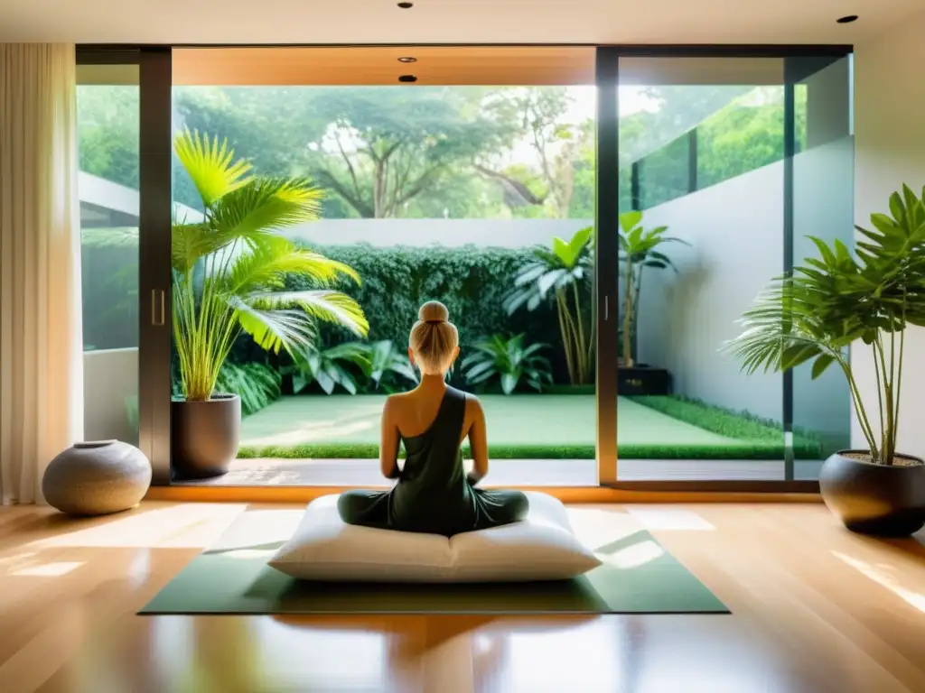 Espacio de meditación moderno y sereno con vista a un jardín, ideal para meditación guiada sistema inmunológico