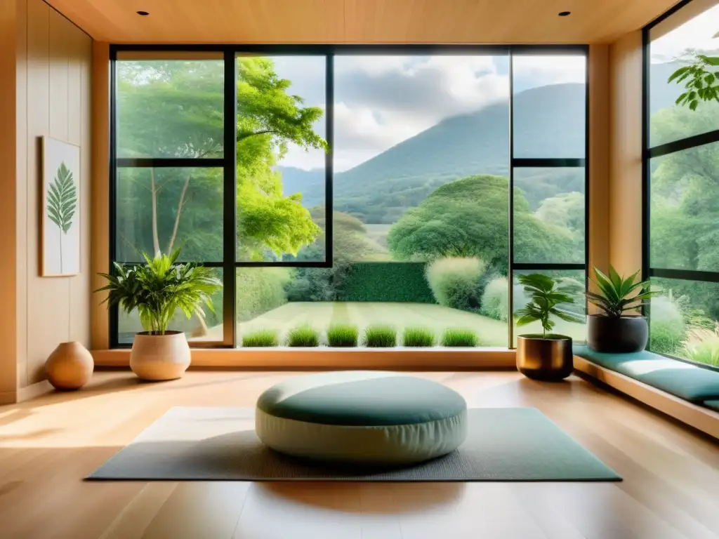 Espacio de meditación moderno y sereno con vista a un paisaje verde