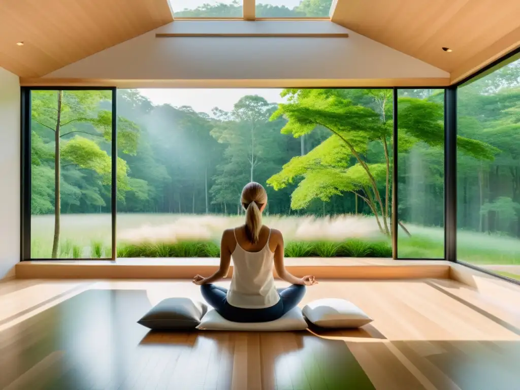 Espacio de meditación moderno y sereno con vista a un bosque