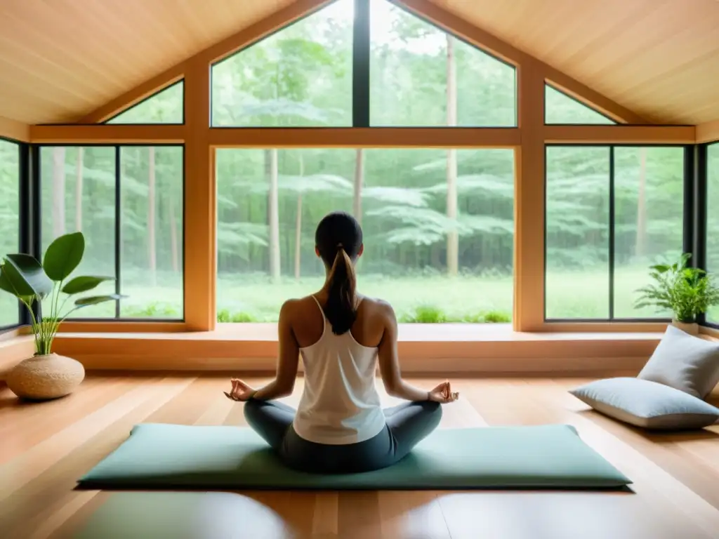 Espacio de meditación moderno con vista a un bosque verde