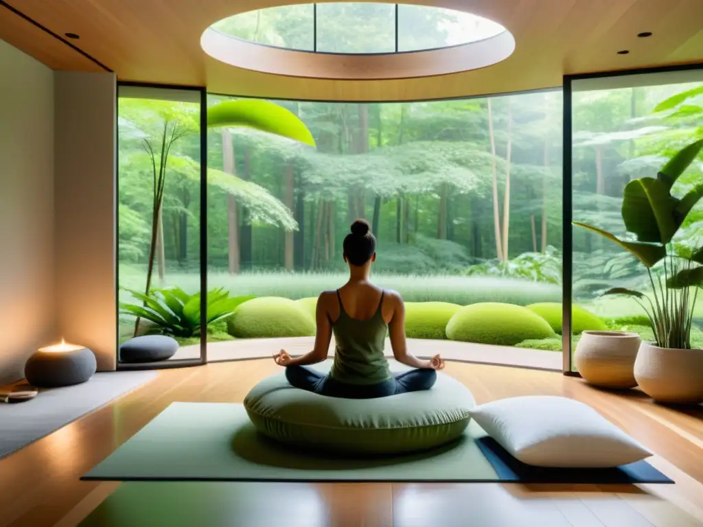 Espacio de meditación moderno con vista a un bosque, bañado en luz natural