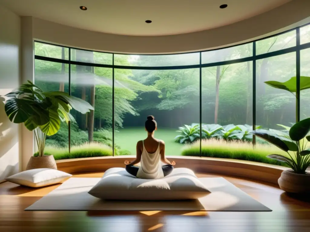 Espacio de meditación moderno con vista a un bosque verde exuberante