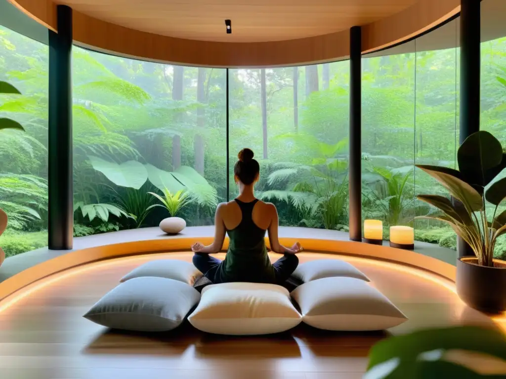 Espacio de meditación moderno con vista al bosque, decoración minimalista y atmosfera serena