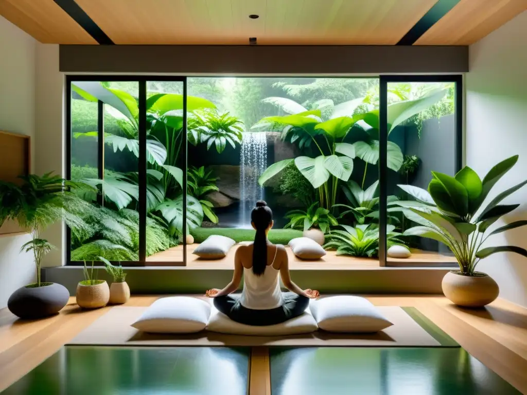 Espacio de meditación moderno con vista a la naturaleza, equilibrio cuerpo y mente