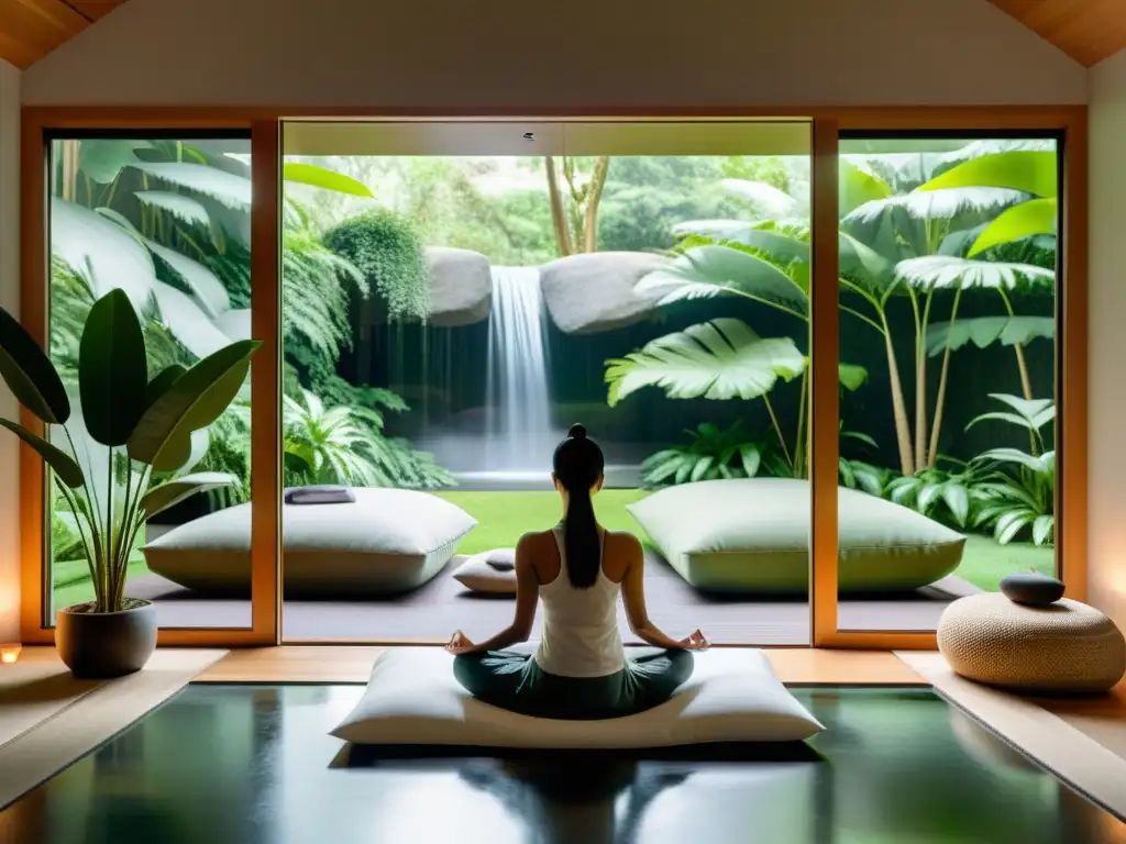 Espacio de meditación moderno con vista a la naturaleza