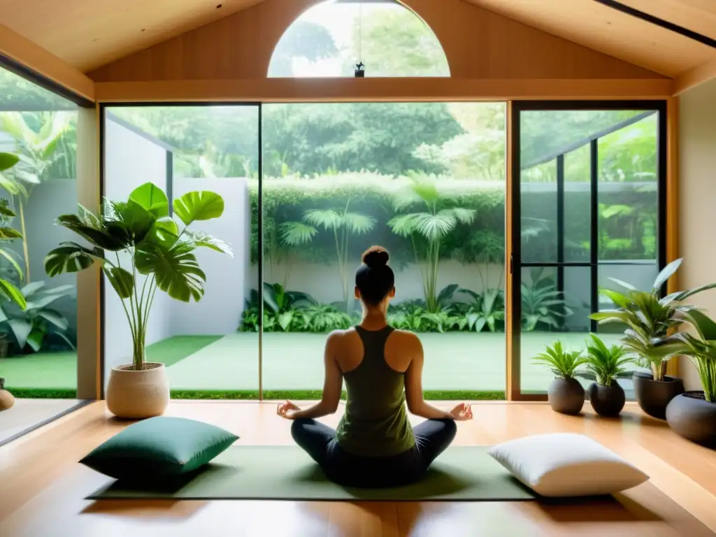 Espacio de meditación moderno con vista a jardín, perfecto para aplicaciones de meditación y ciencia