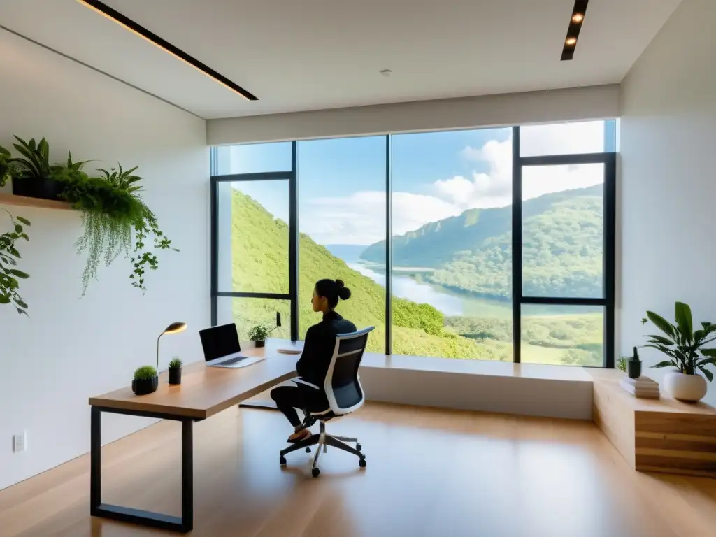 Espacio de oficina moderno y sereno con vista a un paisaje natural