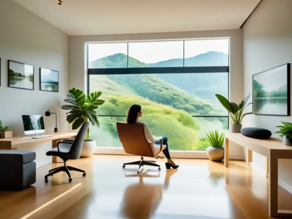 Un espacio de oficina moderno y sereno con vista a la naturaleza, bañado en luz natural