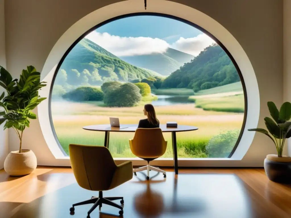 Un espacio de oficina moderno y sereno con una ventana amplia que da a un paisaje natural