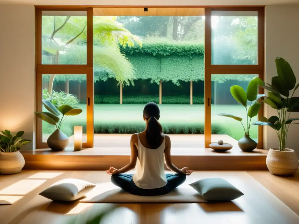 Espacio de meditación mindfulness en sala moderna con vista a jardín