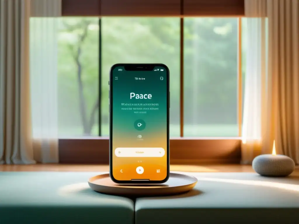 Espacio de meditación sereno con app de meditación personalizable en smartphone, bañado por luz natural suave