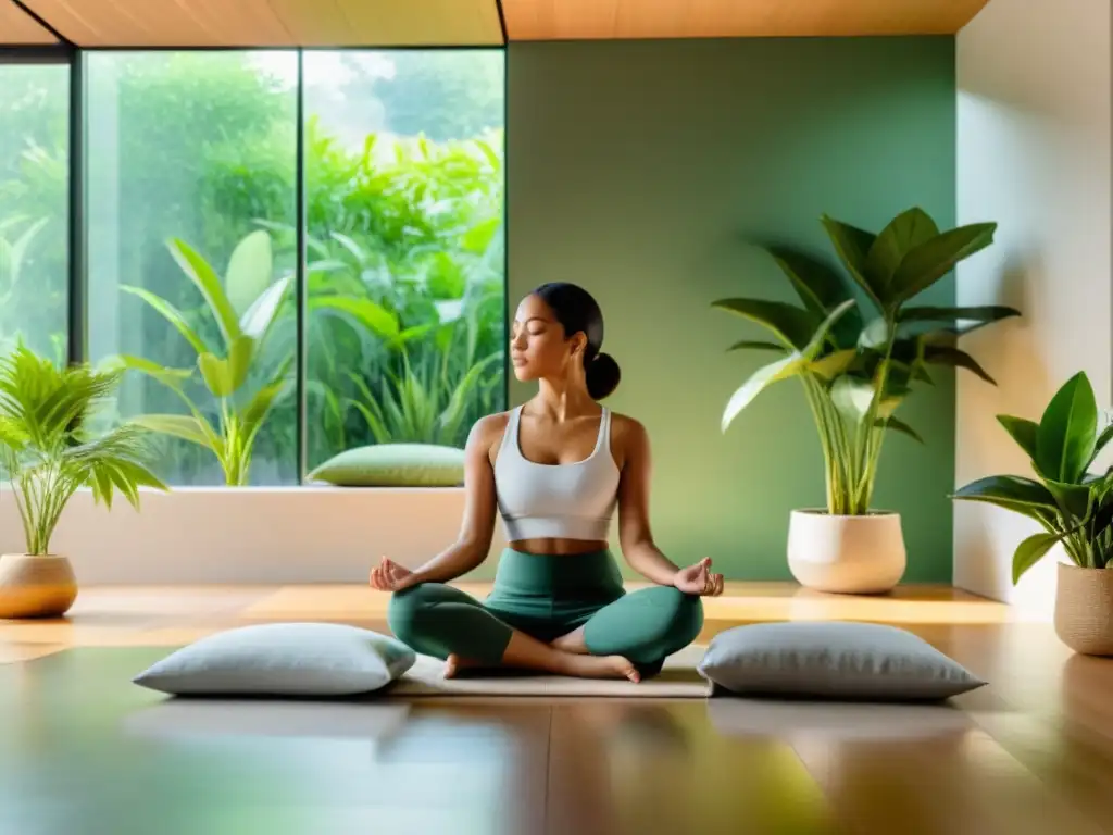 Espacio de meditación sereno con luz natural, cojín cómodo y plantas verdes, ideal para meditación guiada sistema inmunológico