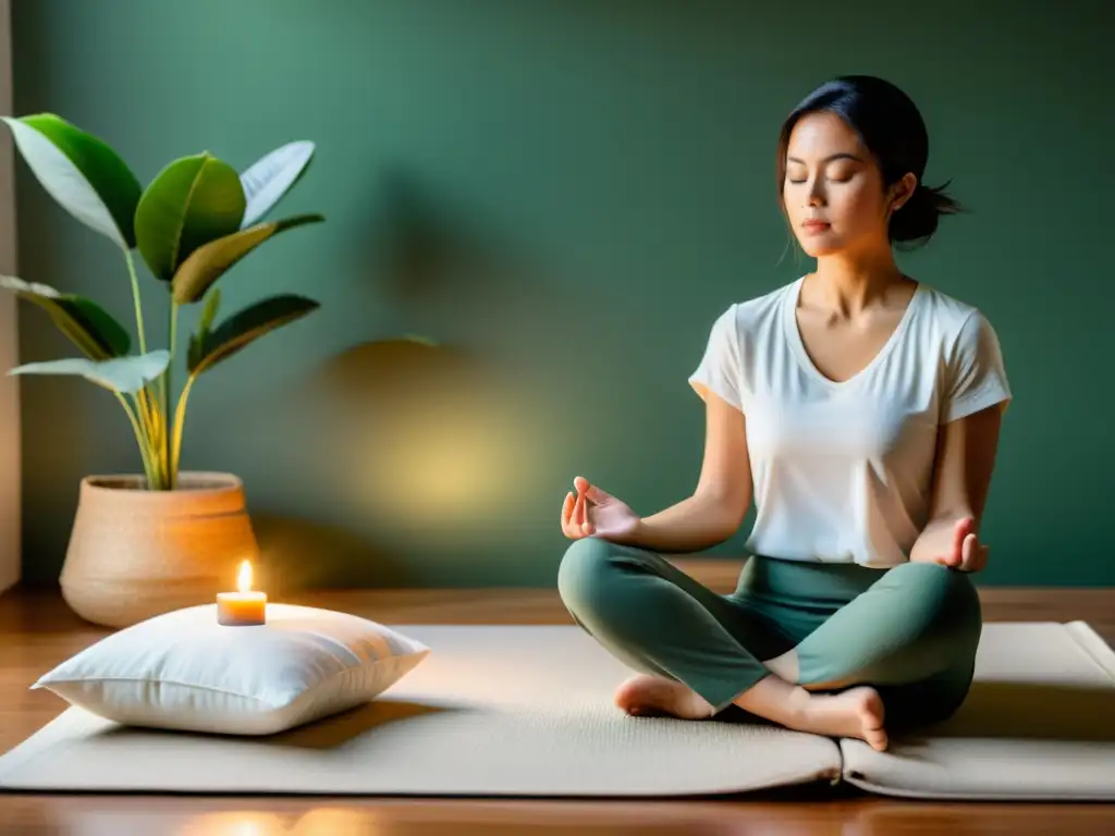 Espacio de meditación sereno con luz natural, cojín cómodo, vela encendida y planta exuberante