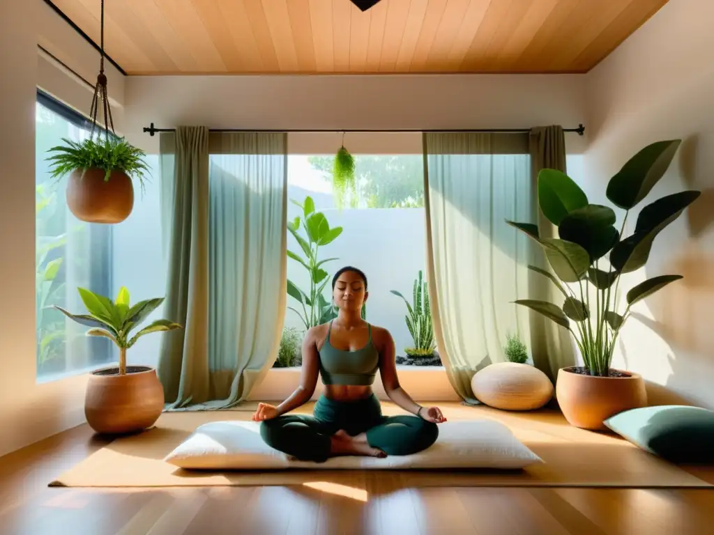 Espacio de meditación sereno con luz natural y decoración minimalista