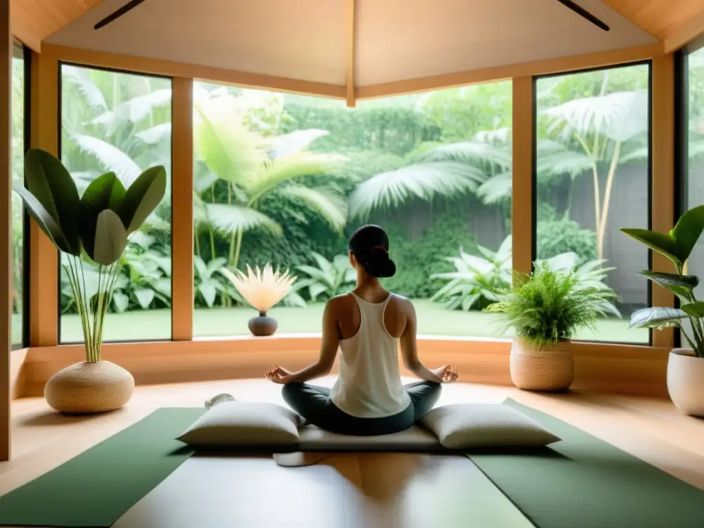 Un espacio de meditación sereno con luz natural y vegetación exuberante