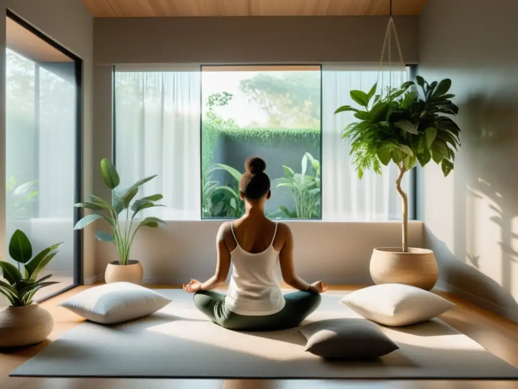 Espacio de meditación sereno con luz natural filtrada, cojines y verdor