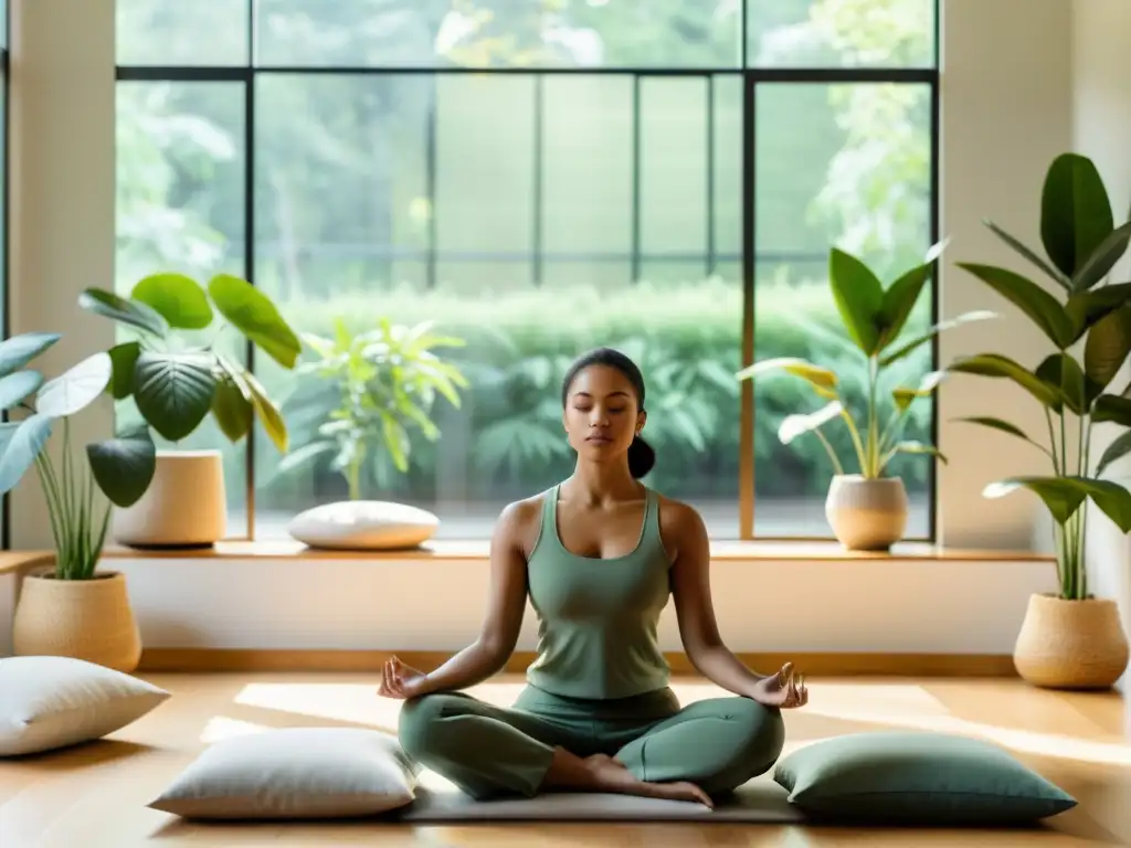 Espacio de meditación sereno con luz natural y plantas