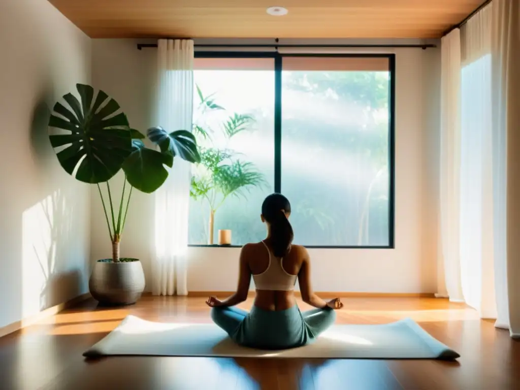 Espacio de meditación sereno con luz natural, cojín cómodo, fuente relajante y planta