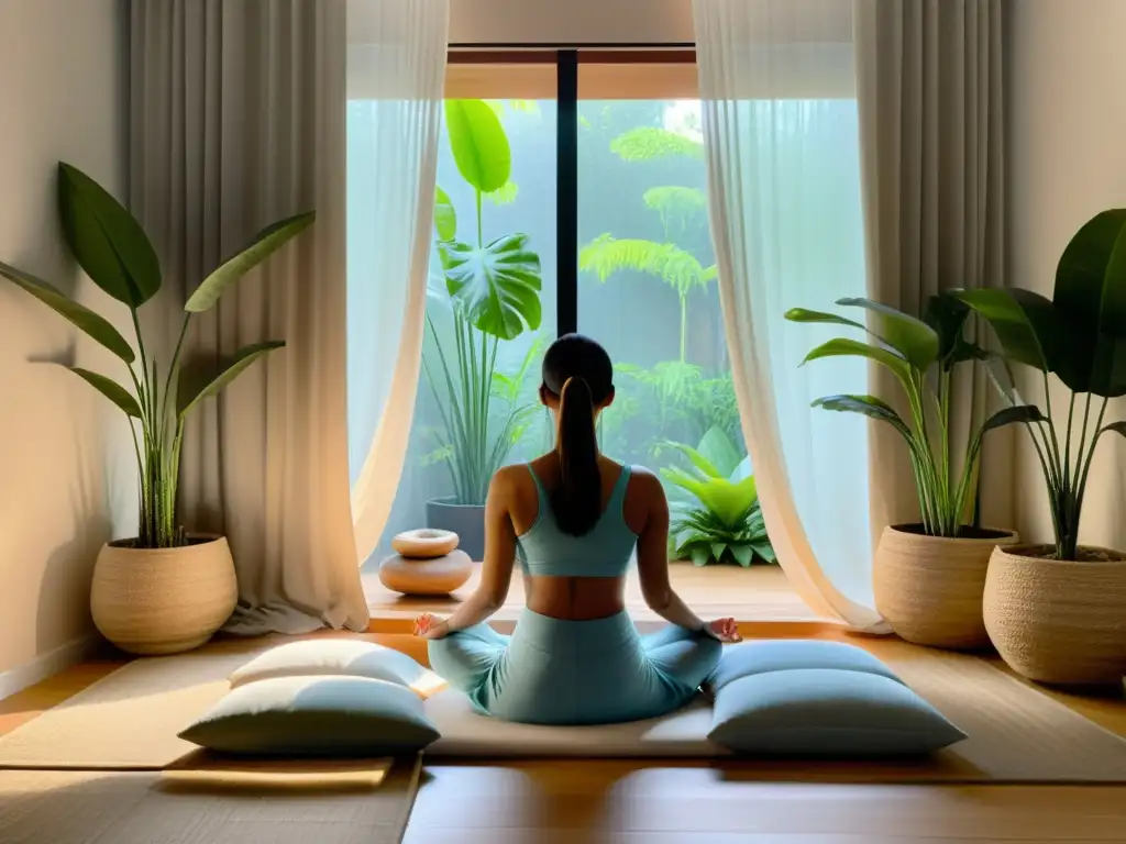 Espacio de meditación sereno con decoración minimalista, luz natural y técnica de relajación para inmunidad