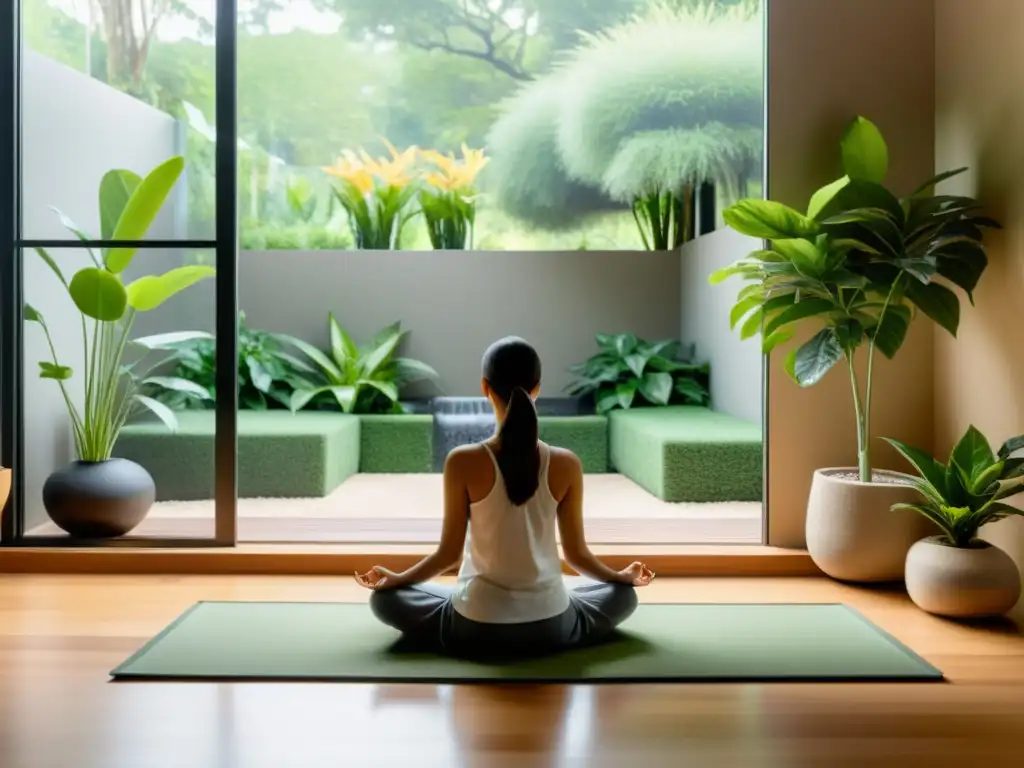 Espacio de meditación sereno y moderno con vista a un jardín exuberante