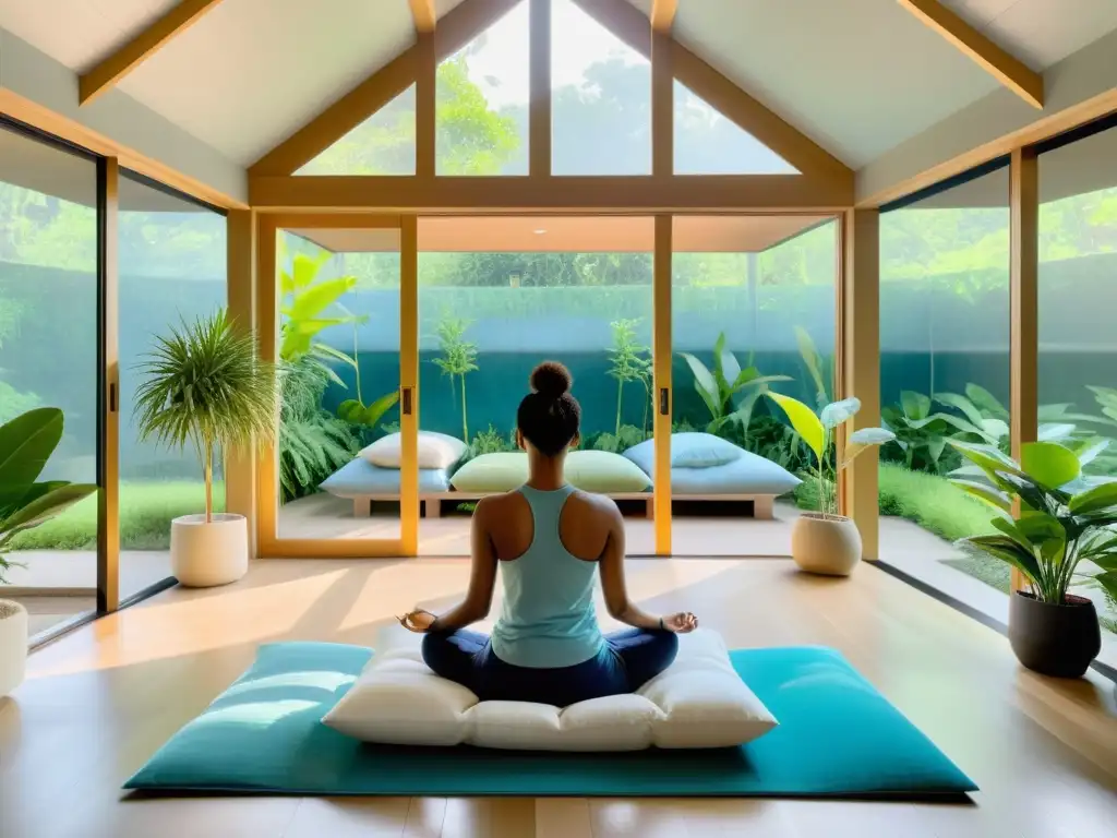 Espacio de meditación sereno y moderno con vista a un jardín exuberante