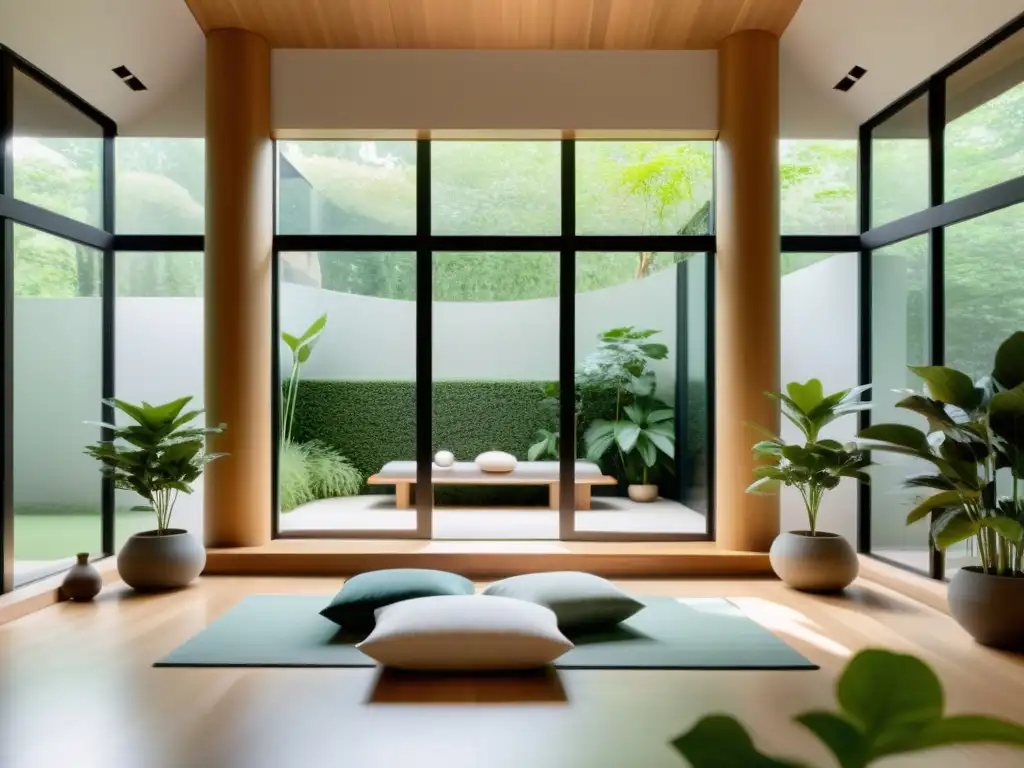 Espacio de meditación sereno con vista al jardín, decoración minimalista y luz natural