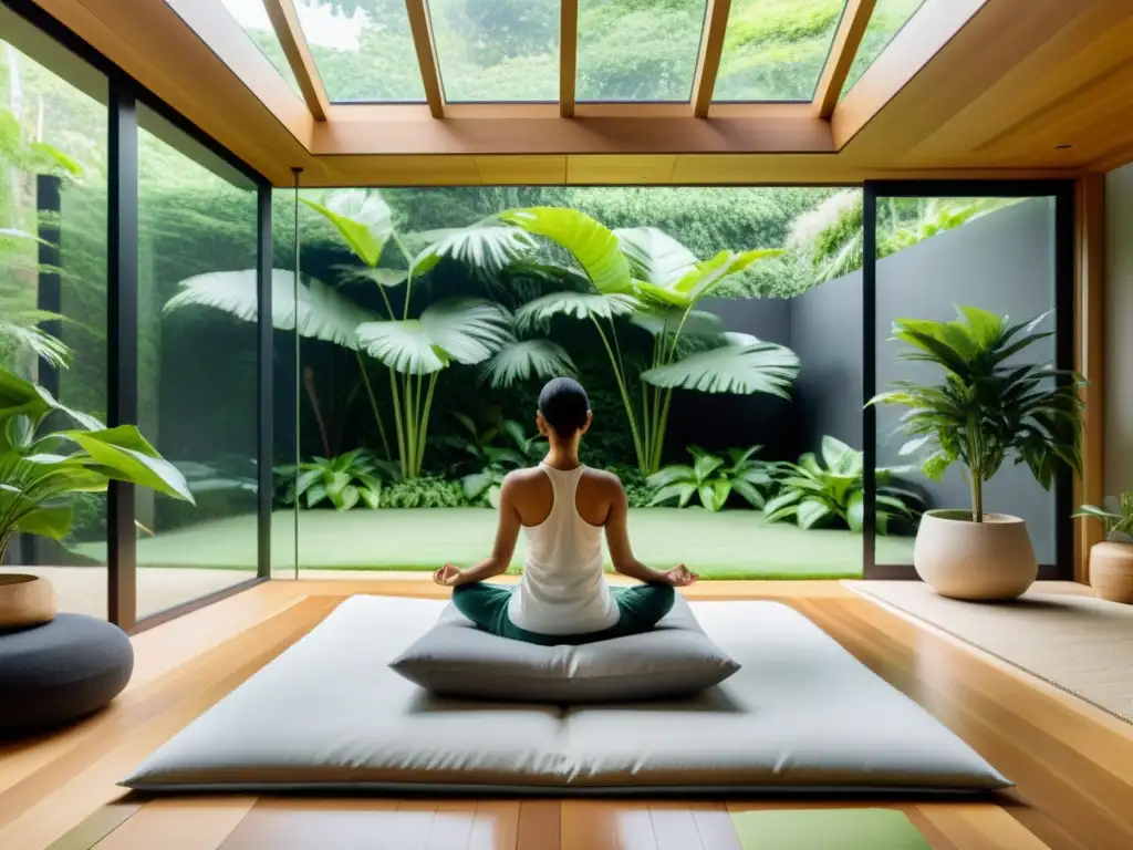 Espacio de meditación sereno con vista a jardín, luz natural y técnica de meditación para fortalecer sistema inmune