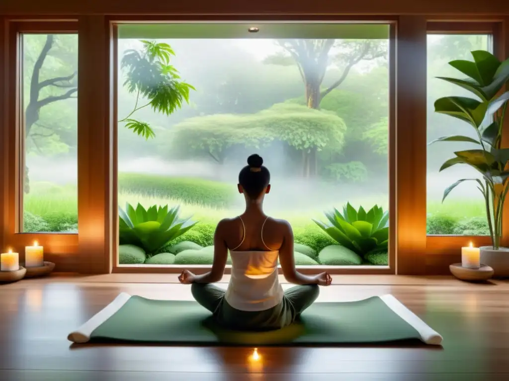 Espacio de meditación sereno con vista a la naturaleza, ideal para prácticas mindfulness para fortalecer inmunidad