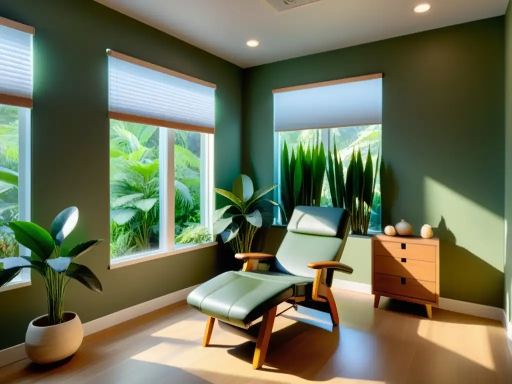 Espacio de terapias alternativas seguro médico con luz natural, silla reclinable, paleta de colores relajantes y plantas verdes exuberantes, ideal para acupuntura, masajes y meditación