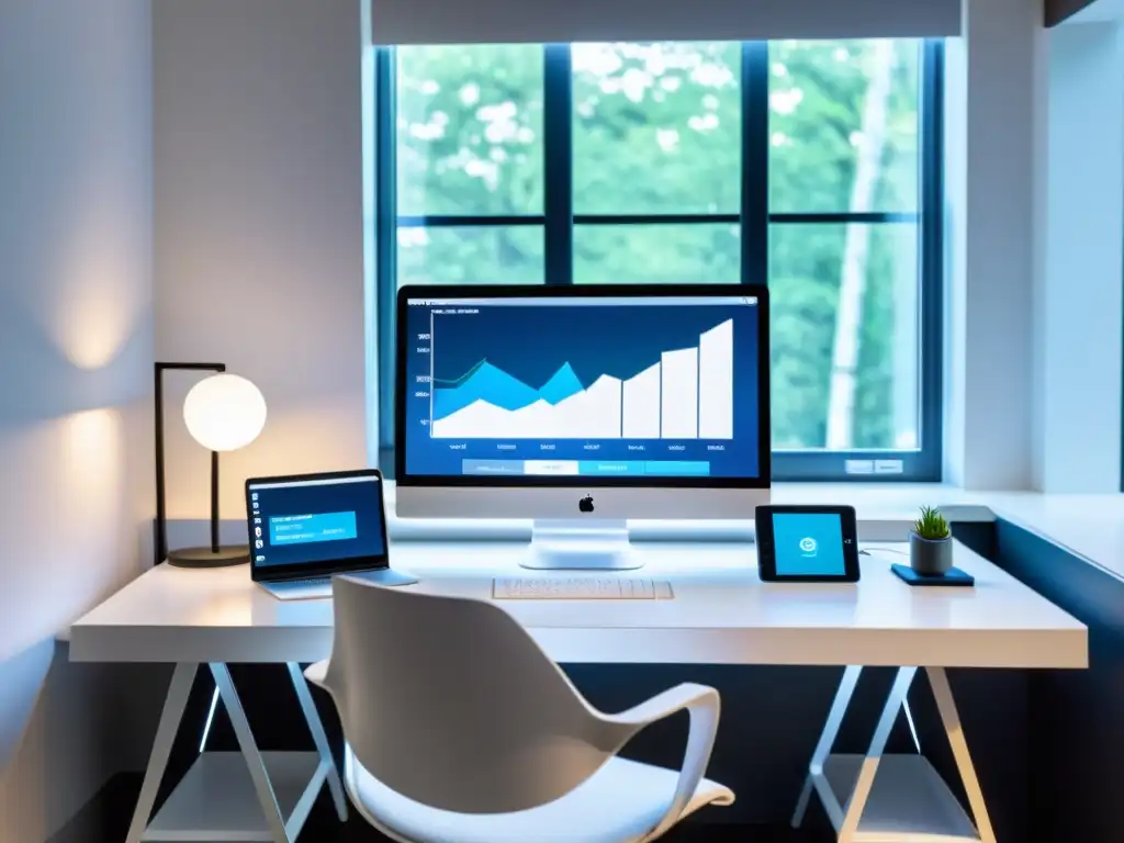Oficina en casa con monitor de inmunología en tiempo real Espacio de trabajo en casa moderno con dispositivos de monitoreo inmunológico para uso doméstico, ventana grande y ambiente profesional y acogedor