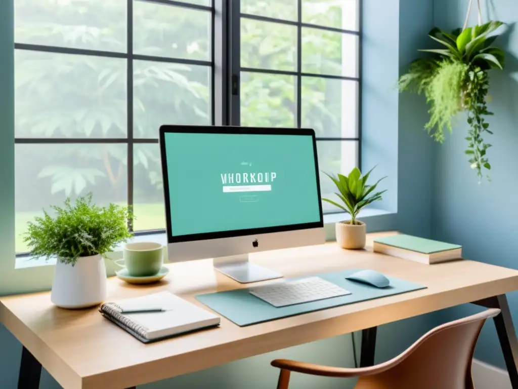 Un espacio de trabajo moderno y sereno con luz natural, plantas verdes y una paleta de colores relajante