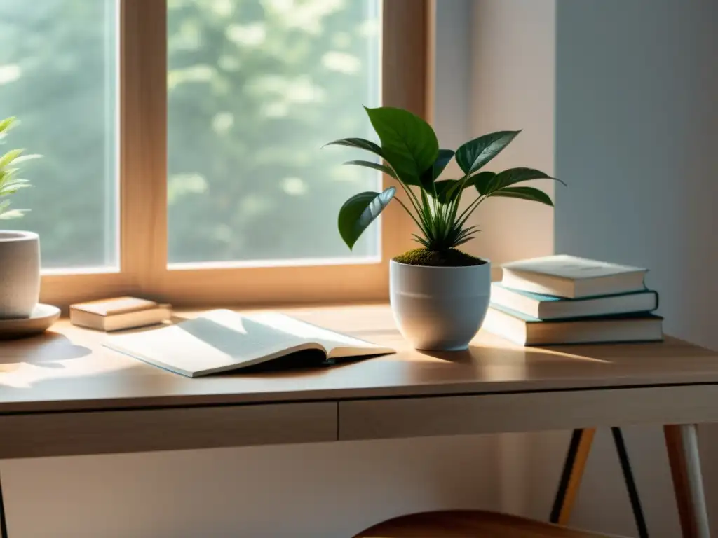 Espacio de trabajo sereno con hierbas para equilibrar sistema inmunológico, escritorio de madera, planta, té y libros sobre remedios naturales