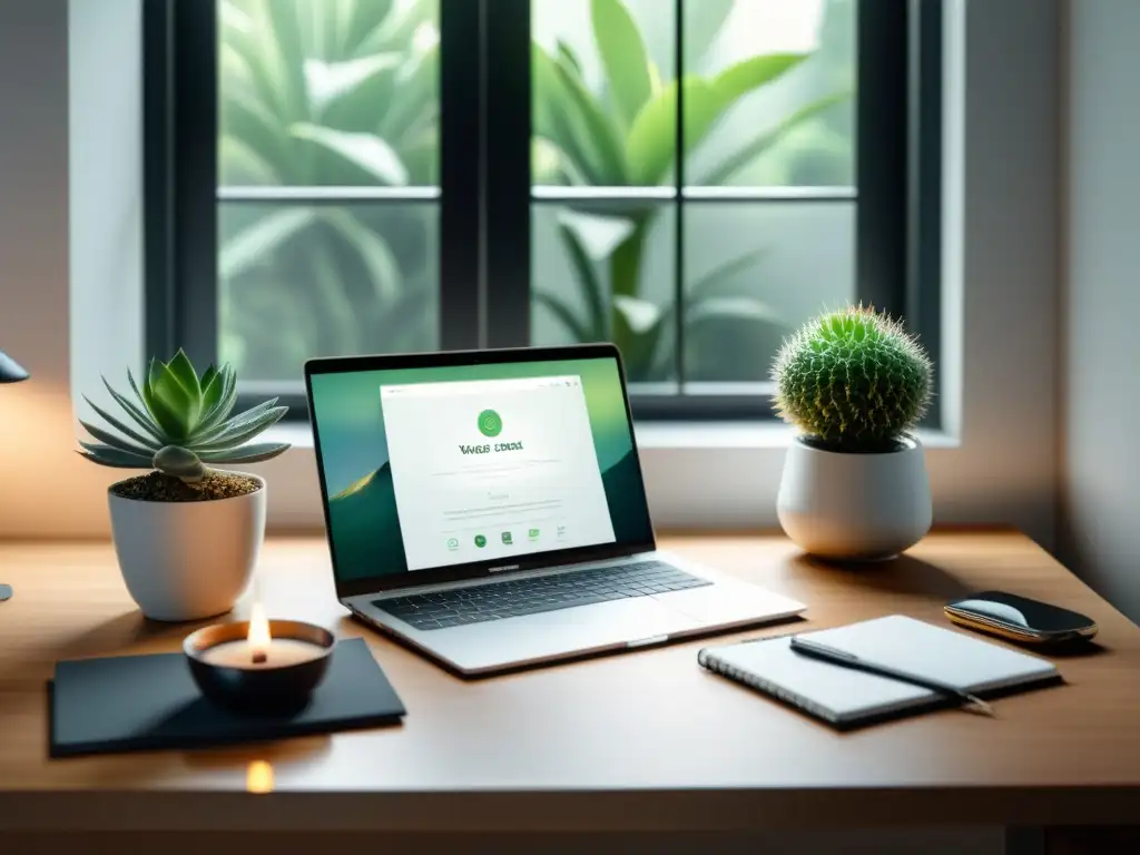 Espacio de trabajo sereno con laptop mostrando aplicación de control del estrés, plantas, té y diario de mindfulness