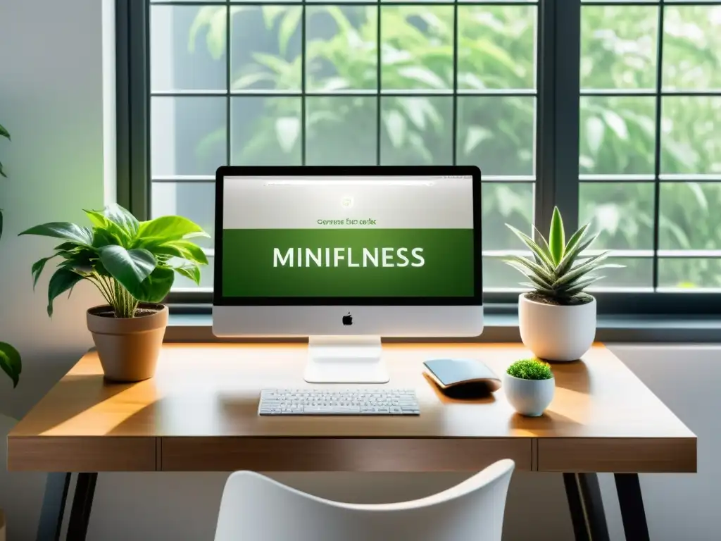 Espacio de trabajo sereno con monitor de Apps salud mental inmunológica, plantas verdes y luz natural