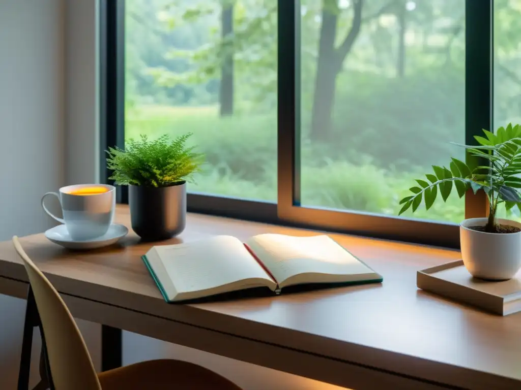 Espacio de trabajo sereno con ventana grande que muestra escena natural