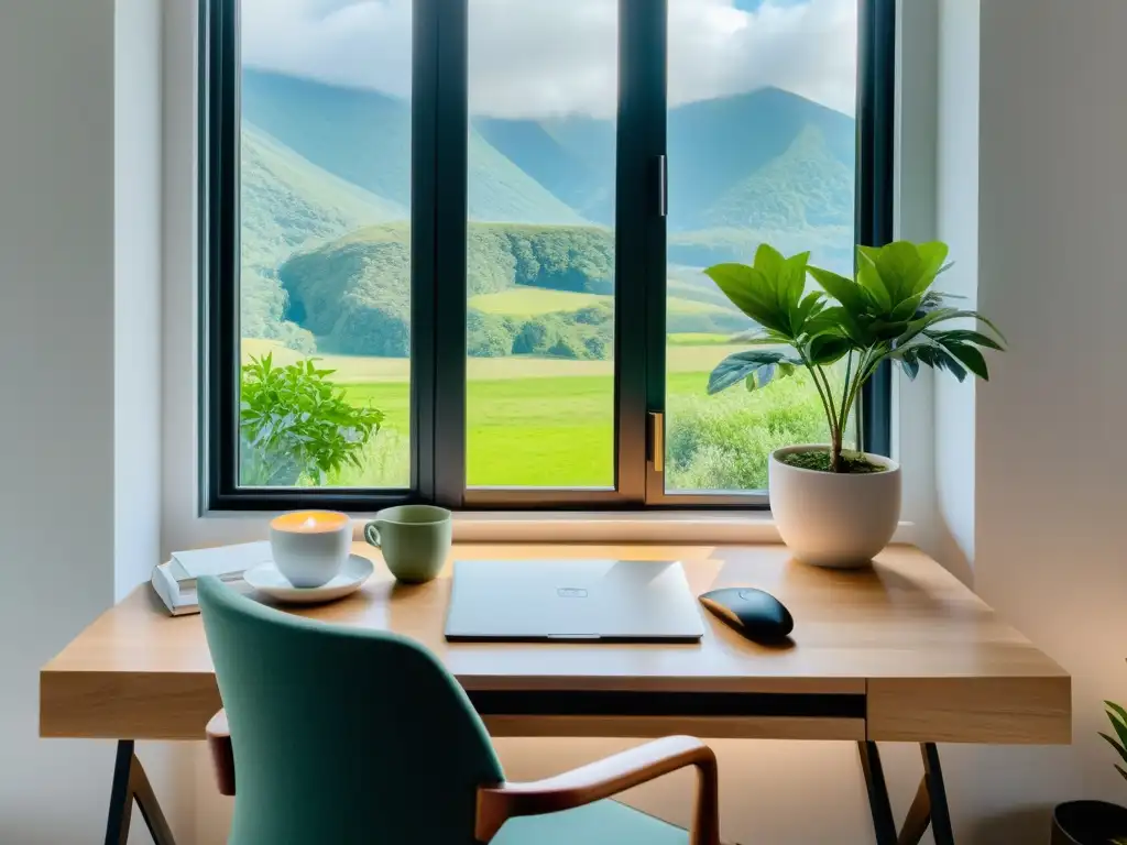 Espacio de trabajo sereno con vista a la naturaleza, perfecto para aplicaciones para controlar el estrés