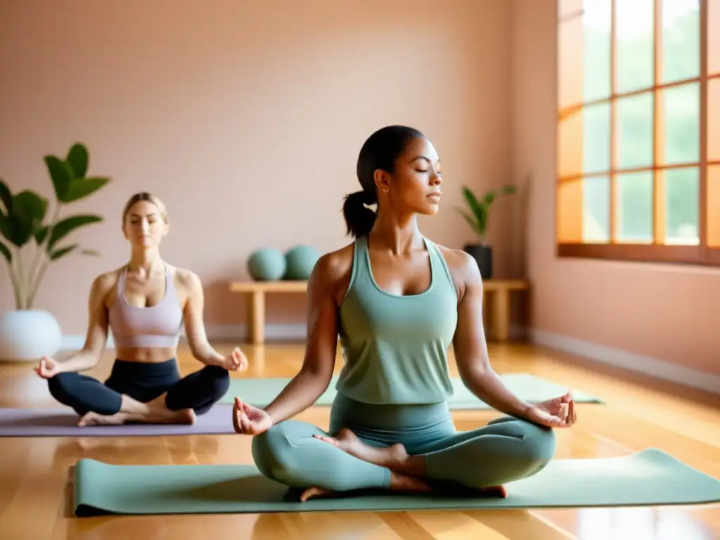 Espacio de yoga tranquilo y equilibrado con instructor y estudiantes en pose restaurativa