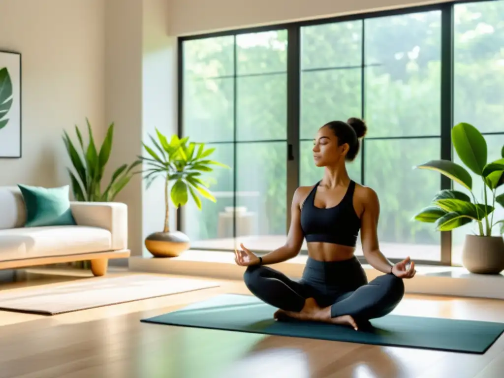 Espacio de vida moderno y sereno con luz natural, muebles minimalistas, plantas y práctica de yoga