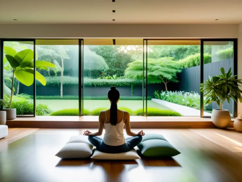 Espacio de meditación con vista a jardín, decoración minimalista y cojín para desactivar estrés sistema inmunológico