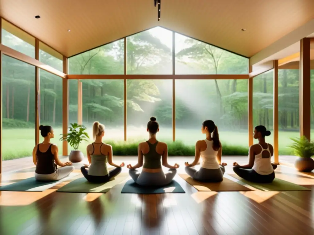 Espacio de meditación con vistas al bosque, iluminado por luz natural