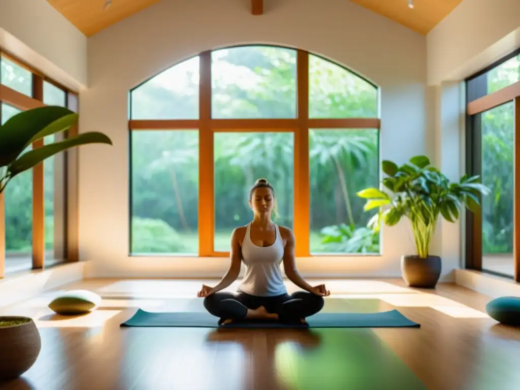 Espacio de yoga sereno con luz natural y plantas verdes