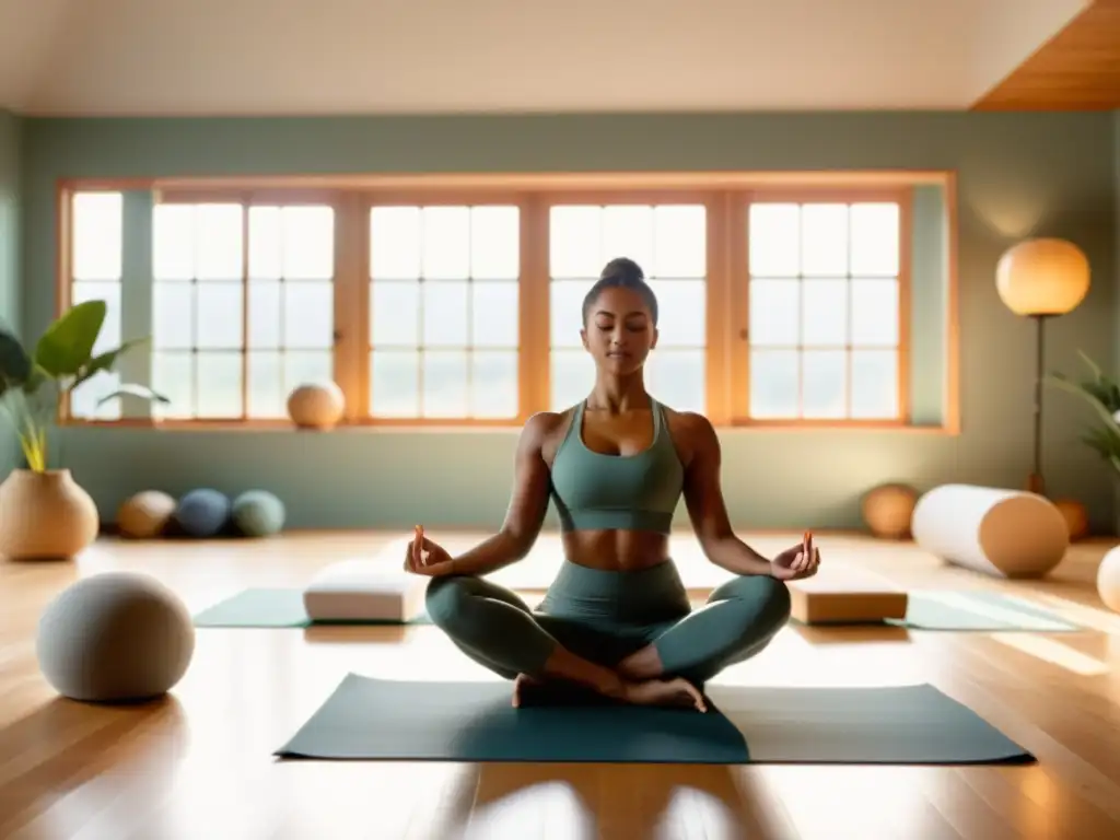 Espacio de yoga sereno con luz natural, práctica de yoga restaurativo