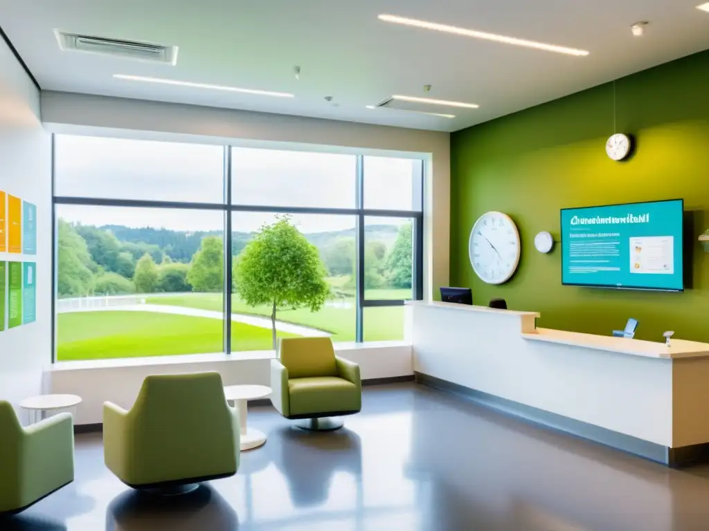 Espaciosa sala de espera en hospital moderno con ambiente acogedor, luz natural y diversidad de personas