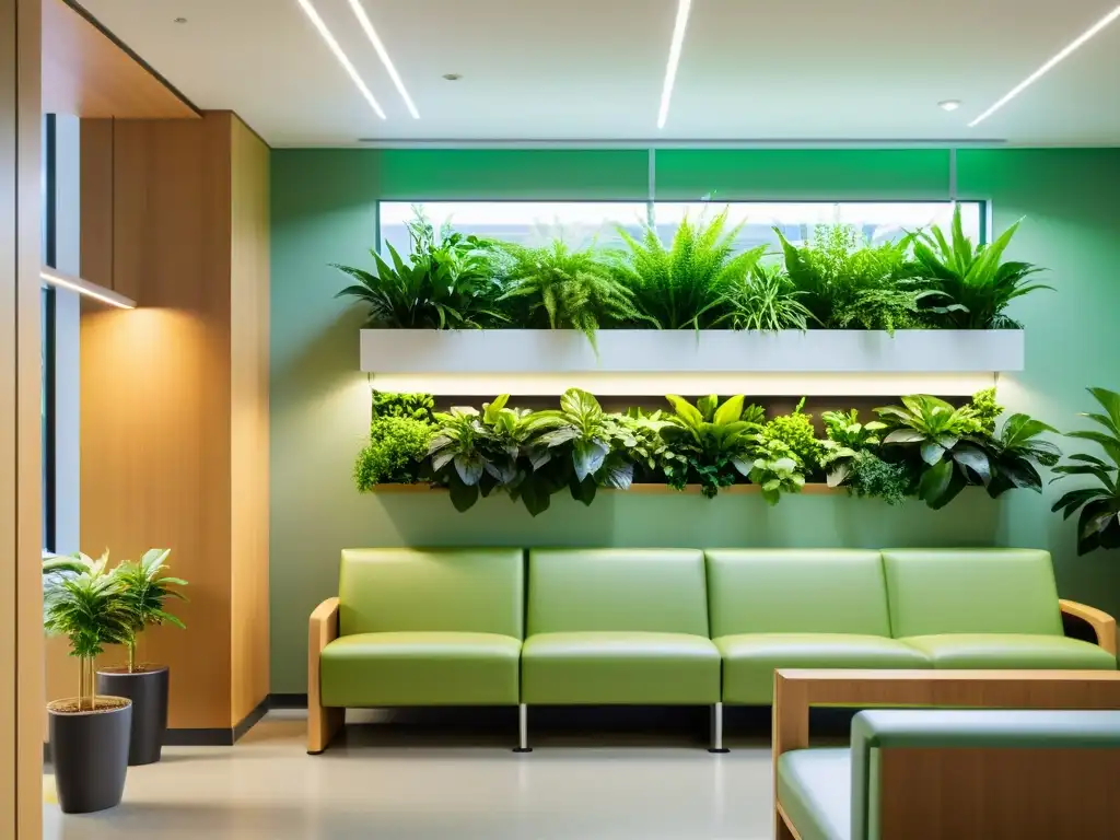 Espacioso y moderno salón de espera hospitalario con ambiente tranquilo y plantas verdes