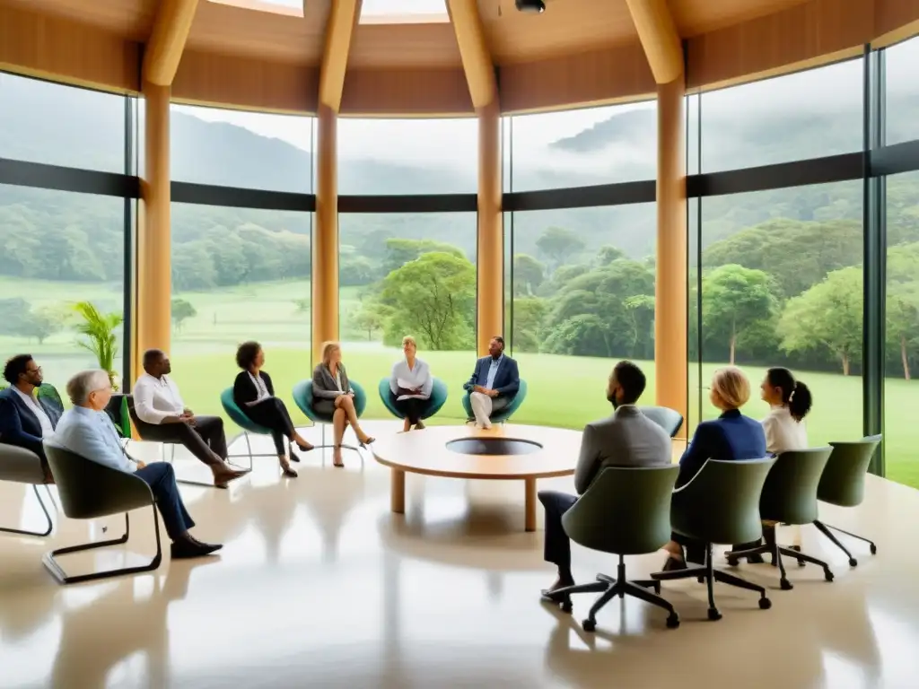 Taller de manejo del estrés en un aula moderna con vistas al paisaje Sesión de gestión del estrés en un aula moderna con vista a un paisaje verde