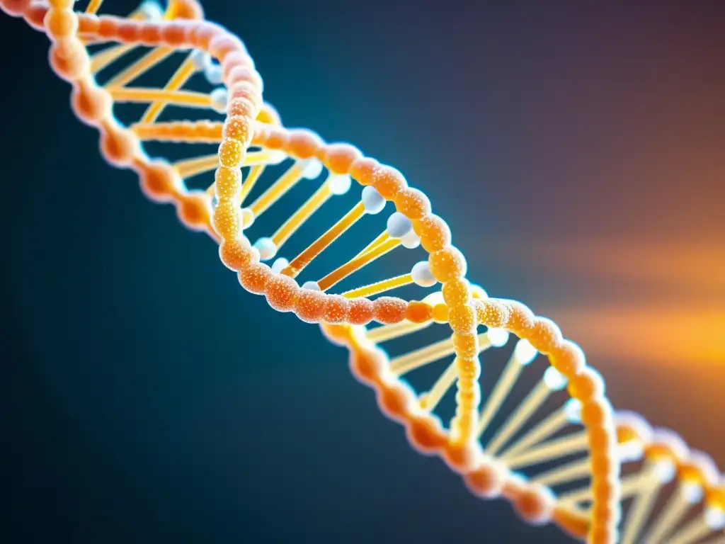 Una estructura de ADN detallada con fondo futurista, rodeada de células inmunes abstractas