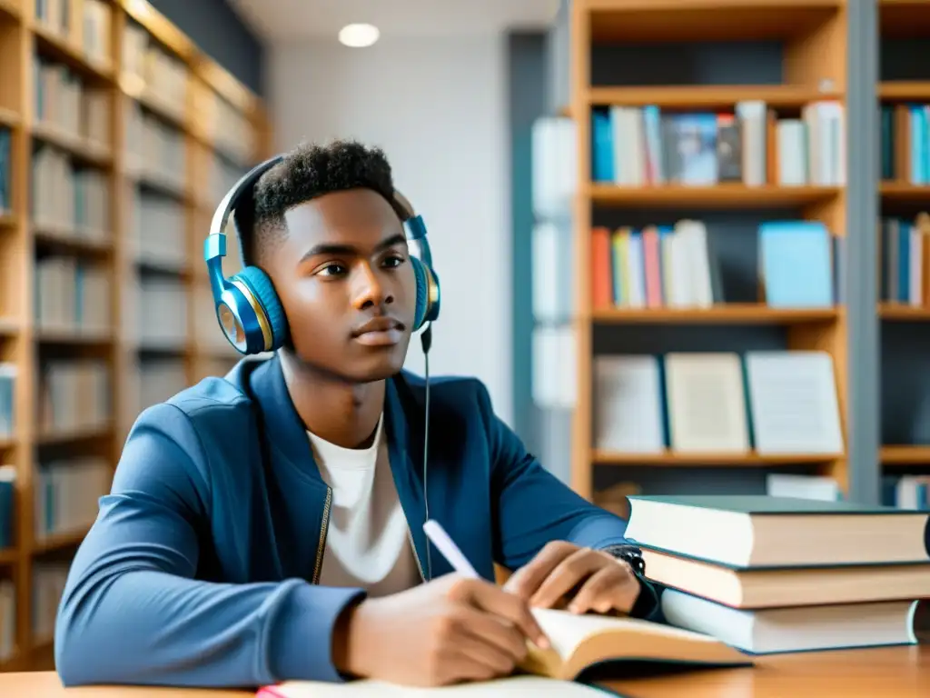 Estudiante concentrado rodeado de libros y materiales de estudio, preparándose para exámenes