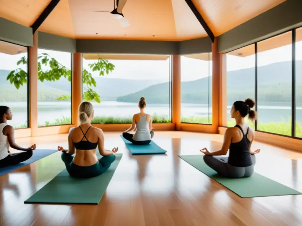 Un estudio de yoga moderno, bañado en luz natural, con vista panorámica a un lago tranquilo rodeado de vegetación exuberante