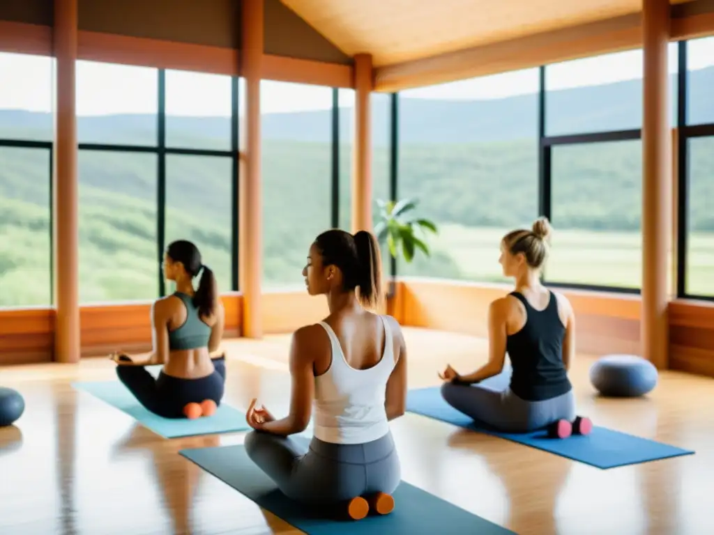 Un estudio de yoga moderno y sereno con grandes ventanales que dan a un paisaje natural